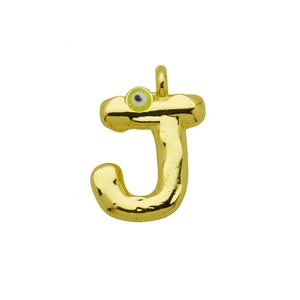 Detail view of a gold J-letter pendant with a colorful evil eye charm and polished finish