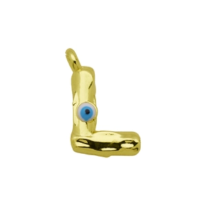 Detail of gold letter L pendant featuring a blue evil eye bead and polished metal finish