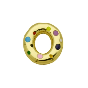 Detailed close-up of golden balloon style O-letter pendant with colorful enamel dots