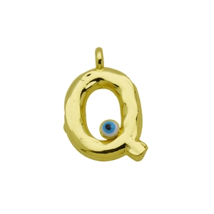 Detail of a golden letter Q pendant featuring a blue evil eye charm and polished finish