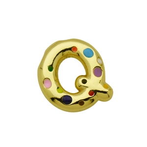 Close-up of golden balloon letter Q pendant with vibrant colorful enamel dots texture