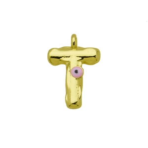 Detailed view of golden letter T pendant with a pink evil eye accent and polished finish