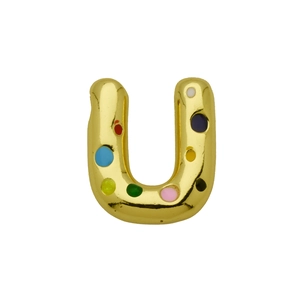 Macro shot of golden balloon U-shaped pendant with colorful enamel polka dots design
