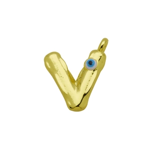Close-up of golden letter V pendant with colorful evil eye charm and polished finish