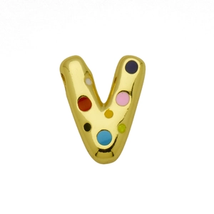 Detailed macro view of gold letter V bubble pendant with colorful enamel polka dots