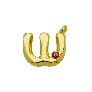 Detail of gold letter W pendant with evil eye charm and polished surface finish