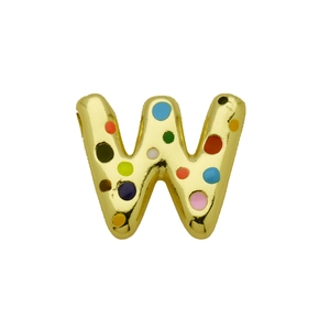Macro shot of 3D golden bubble letter W pendant with colorful enamel polka dots detail