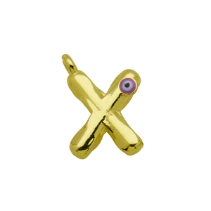 Detailed close-up of a gold balloon-style letter X pendant with purple evil eye charm