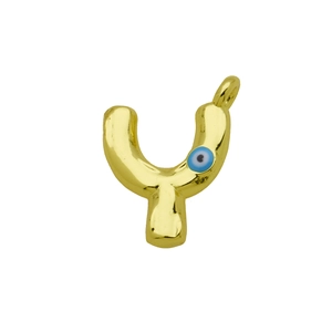 Detailed close-up of golden letter Y pendant featuring a blue Evil Eye charm detail