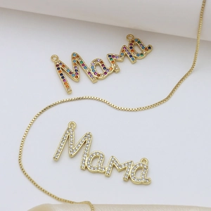 Elegant gold plated Mama pendant necklace with colorful and white cubic zirconia crystals