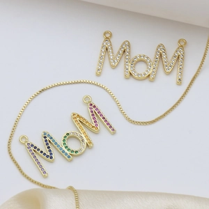 Elegant gold MOM pendant necklace with rainbow and white cubic zirconia for Mother's Day gifts