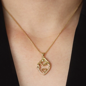Gold Plated Copper Heart Pendant Necklace For Women Elegant Mother And Child Silhouette Necklace With Zirconia Mothers Day Jewelry Gift