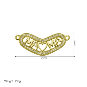 Detailed view of gold MAMA heart pendant with white zircons and product dimensions