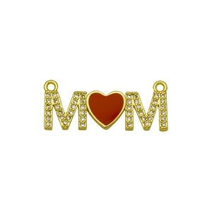 Golden MOM pendant necklace with red heart and zircon pave for Mother's Day gift