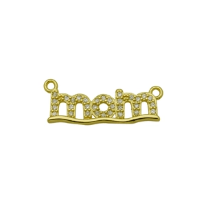Detailed view of the gold-plated MOM letter pendant with micro-pave cubic zirconia stones