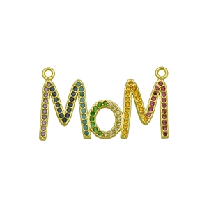 Detail of MOM letter pendant with rainbow pave cubic zirconia and gold plating finish
