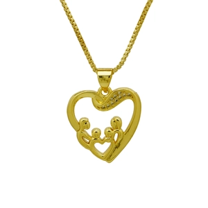 Close-up of gold MAMA heart pendant with family silhouette and sparkling zircon stones