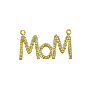 Detailed macro view of gold MOM letter pendant with sparkling cubic zirconia inlay