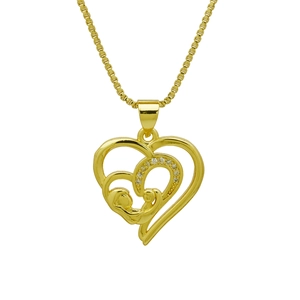 Macro detail of golden MAMA heart pendant necklace with shimmering zircon accents