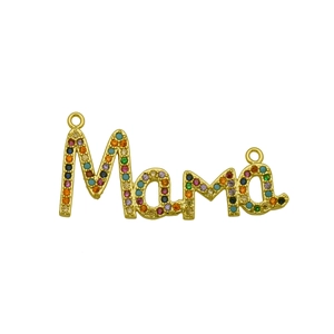 Detail of MOM gold pendant with multi-colored zircon stones for mother's gift