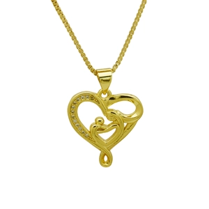 Close-up of golden heart pendant with mother-child silhouette and sparkling zircon stones