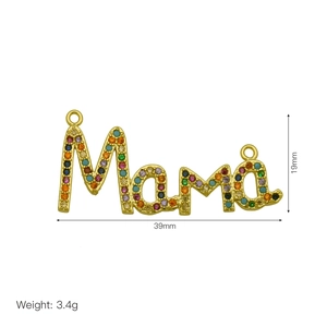 Detail of MOM gold letter pendant with colorful zircons, size 39mm and weight 3.4g
