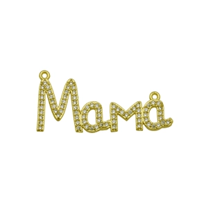 Detail of gold-plated Mama pendant featuring shimmering cubic zirconia pavé stones