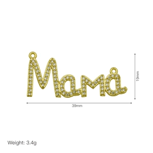 Detailed view of Mama pendant in gold with sparkling zircons, 39mm wide and 19mm high