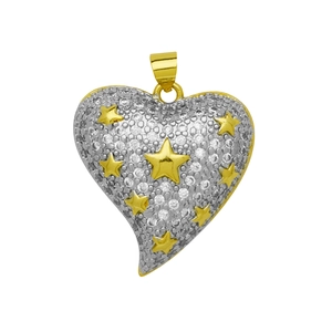 Dettaglio pendente a cuore con zirconi incastonati e piccole stelle dorate in rilievo