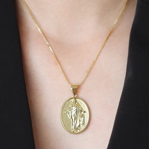 Goldene 18k vergoldete Relief-Münzhalskette mit ovalem 3D-Figur-Anhänger für Damen und Herren