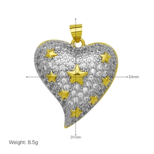 Ciondolo a cuore bicolore con stelle dorate e pavé argento, 31 mm di lunghezza e 8,5 g peso