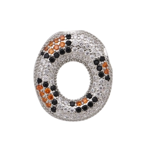 Macro shot of letter O pendant featuring multicolor zircon stones and silver plating