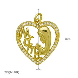 Detailed view of Mama heart pendant with zirconia and size measurements 27mm x 22mm