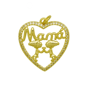 Detail of gold hollow heart pendant with Mamá inscription and cubic zirconia stones