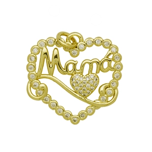 Macro detail of gold-plated Mama heart pendant with sparkling cubic zirconia stones