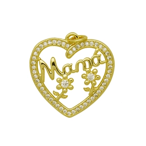 Detail of gold-plated Mama heart pendant necklace with shimmering cubic zirconia stones