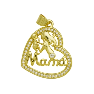 Detailed view of gold heart pendant with mother-child silhouette and Mama script lettering