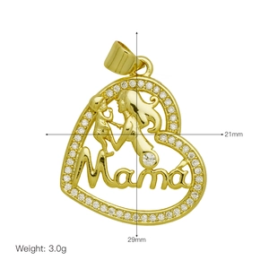 Detail of gold heart pendant with Mama text and cubic zirconia, 21x29mm size