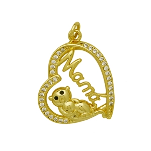Detail of gold heart pendant with Mama text, bear relief, and white cubic zirconia