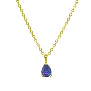 Nahaufnahme eines birnenförmigen lila Edelsteinanhängers an einer 18k Goldkette