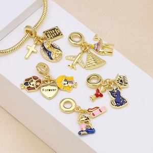 Golden snake chain DIY bracelet with colorful enamel religious and travel theme charms