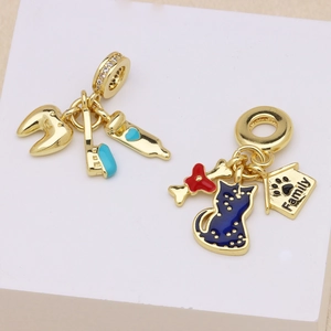 Golden enamel charms for DIY bracelets featuring dental care and family pet themes