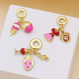 Golden DIY charm pendants with pink enamel dress and wine glass designs for women