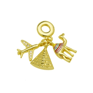 Travel theme gold charms with airplane, Egyptian pyramid and camel for charm bracelets