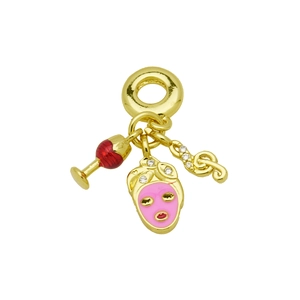 Macro detail of gold charms featuring a wine glass, face mask, and musical note pendant