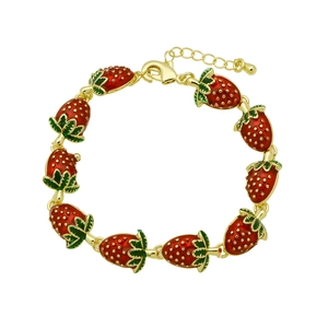 Close-up of golden bracelet with nine red strawberry charms and adjustable lobster clasp