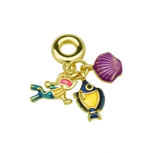Detailed macro shot of a gold-plated ocean-themed charm with diver, fish and shell
