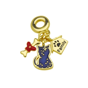 Detailed golden charm showing a bone with red bow, blue cat, and Family house pendant