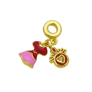 Golden charm bracelet pendant featuring a pink princess dress and heart-shaped red zircon
