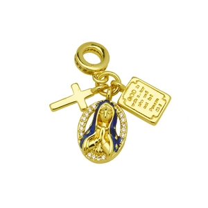 Close-up of gold religious charm showing cross, Mary medal, and Psalm 46:5 engraving